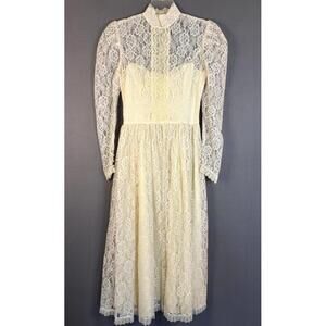 Vintage Jessica McClintock #6 Bridal Ivory Lace Dress Over Satin High Neck Sz 11